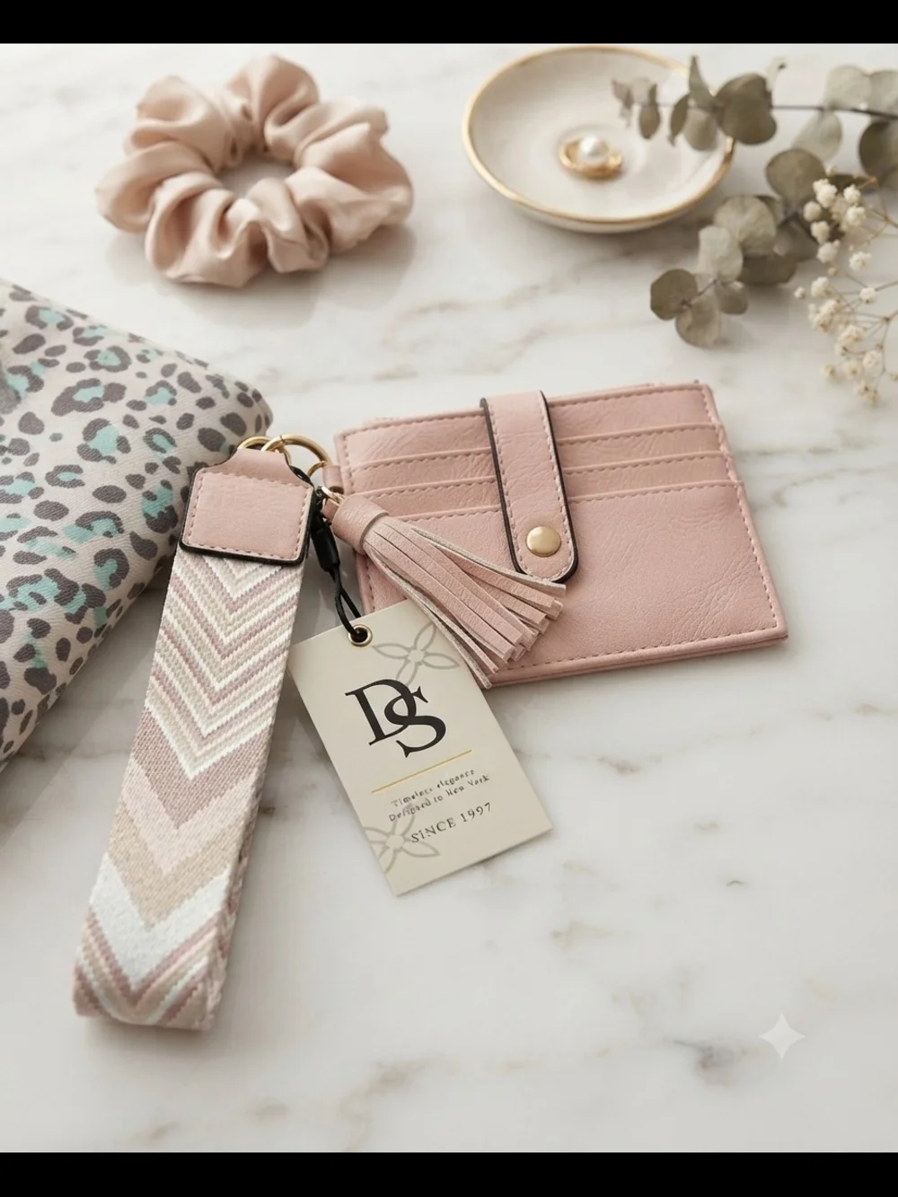 Soft Pink Leather Card Sleeve with Tassel and Wrist Strap